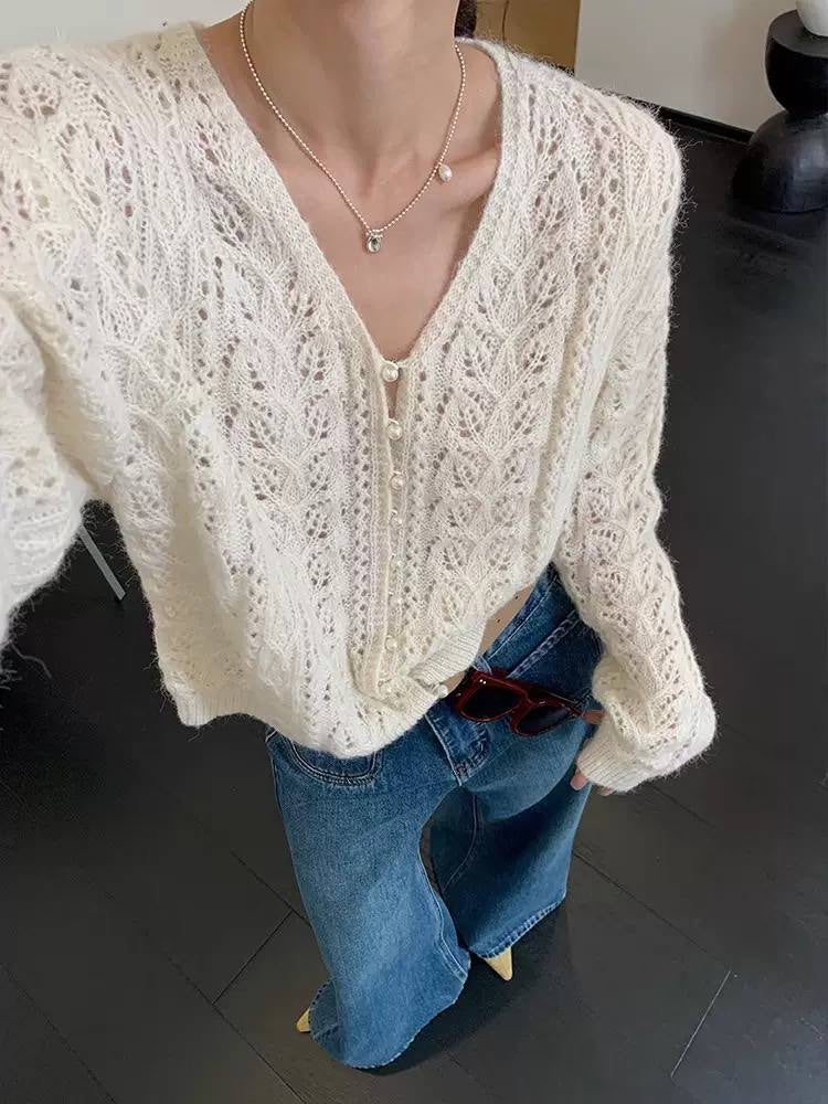 Openwork V-Neck Button-Front Cardigan With Long Sleeves – Cream