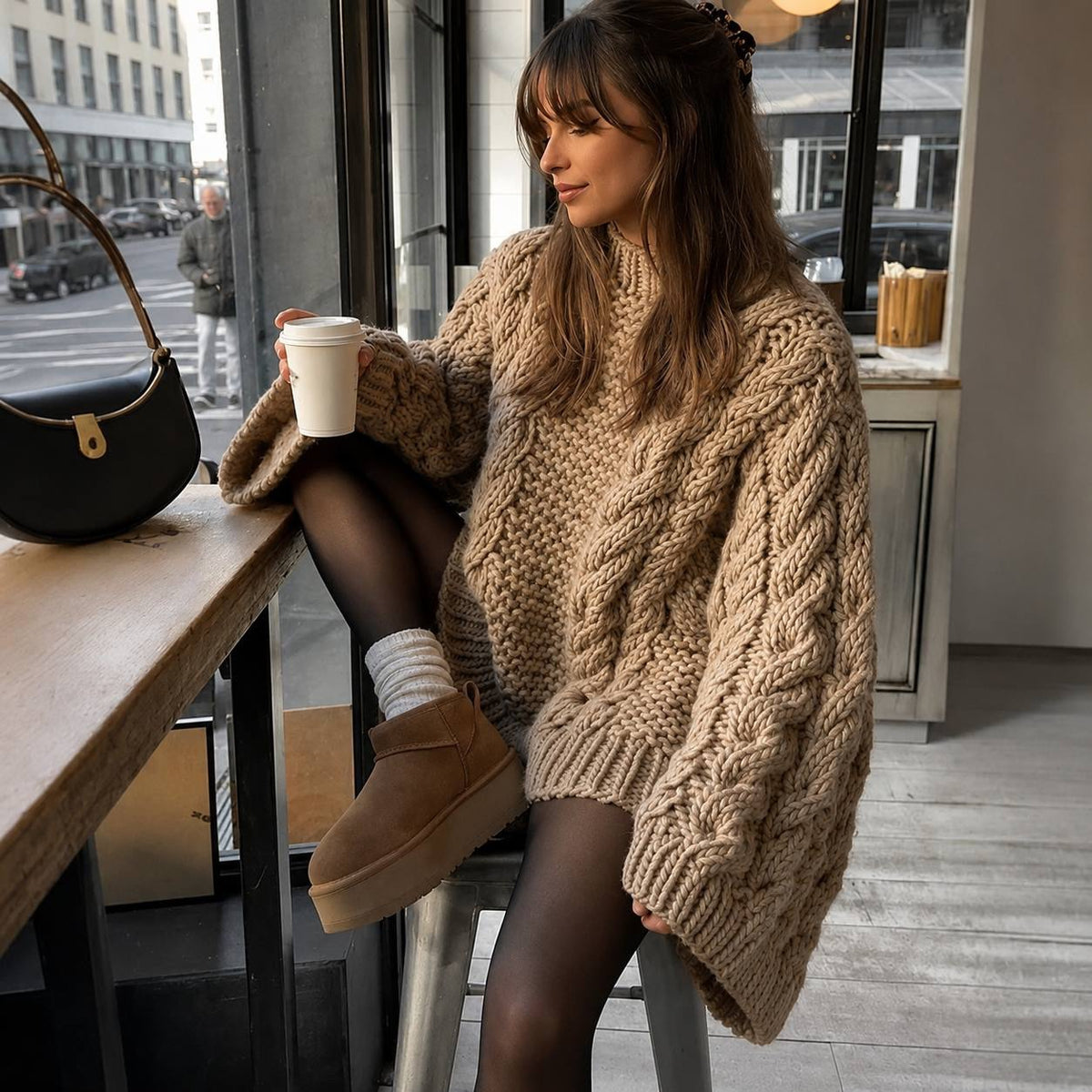 Oversized Cable Knit Sweater With Wide Sleeves – Beige