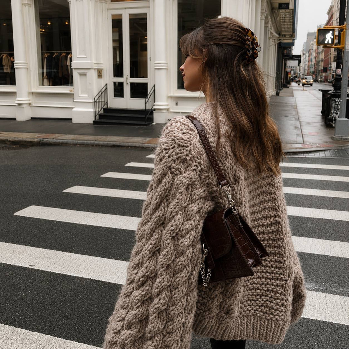 Oversized Cable Knit Sweater With Wide Sleeves – Beige