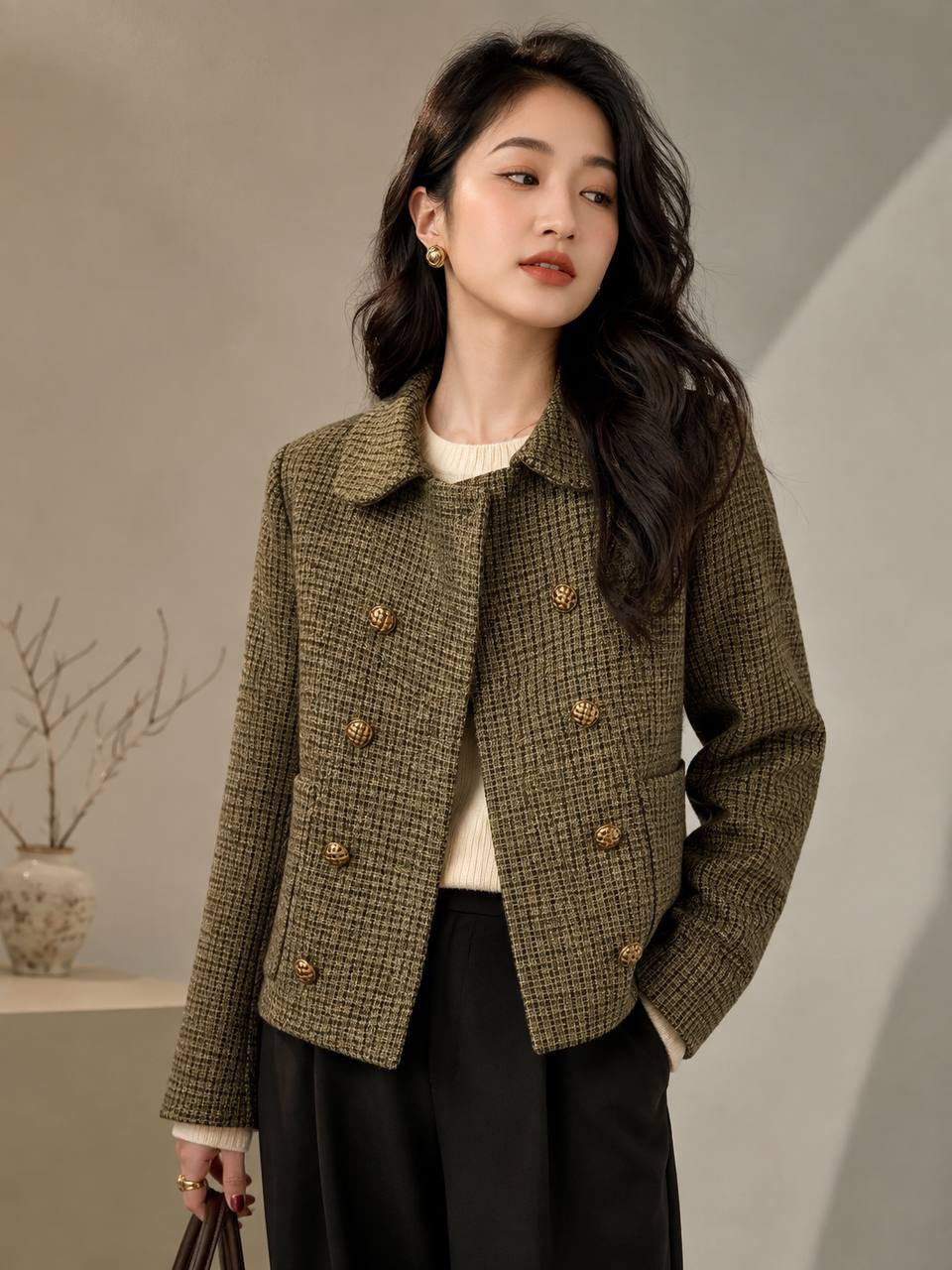 Textured Check Jacket With Rounded Collar And Gold-Tone Buttons – Olive Check