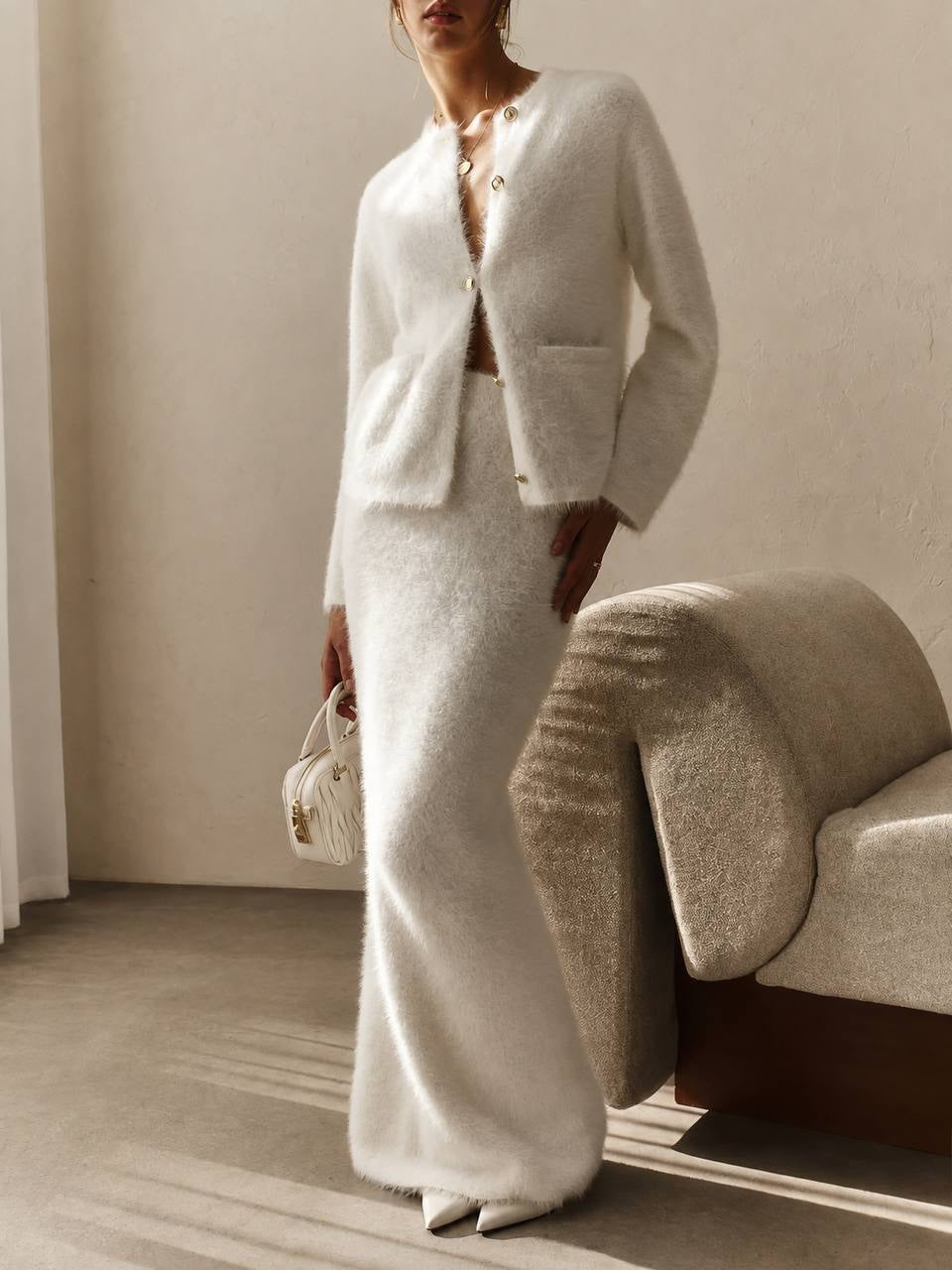 Fuzzy Button-Front Cardigan and Maxi Skirt Set – White