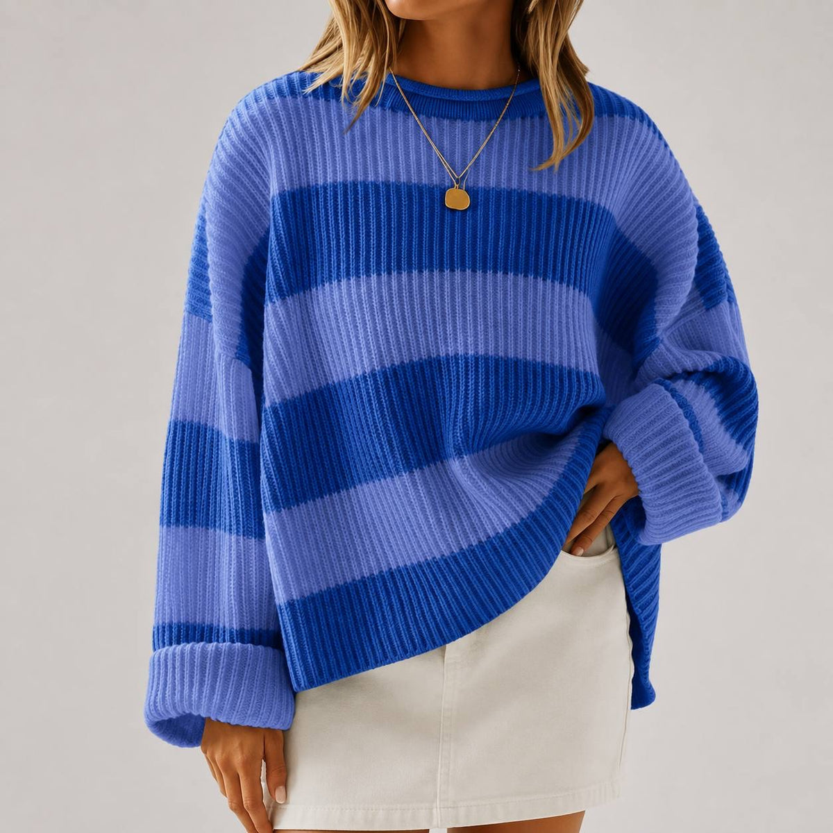 Oversized Striped Crewneck Sweater With Drop-Shoulder Long Sleeves – Blue Stripe