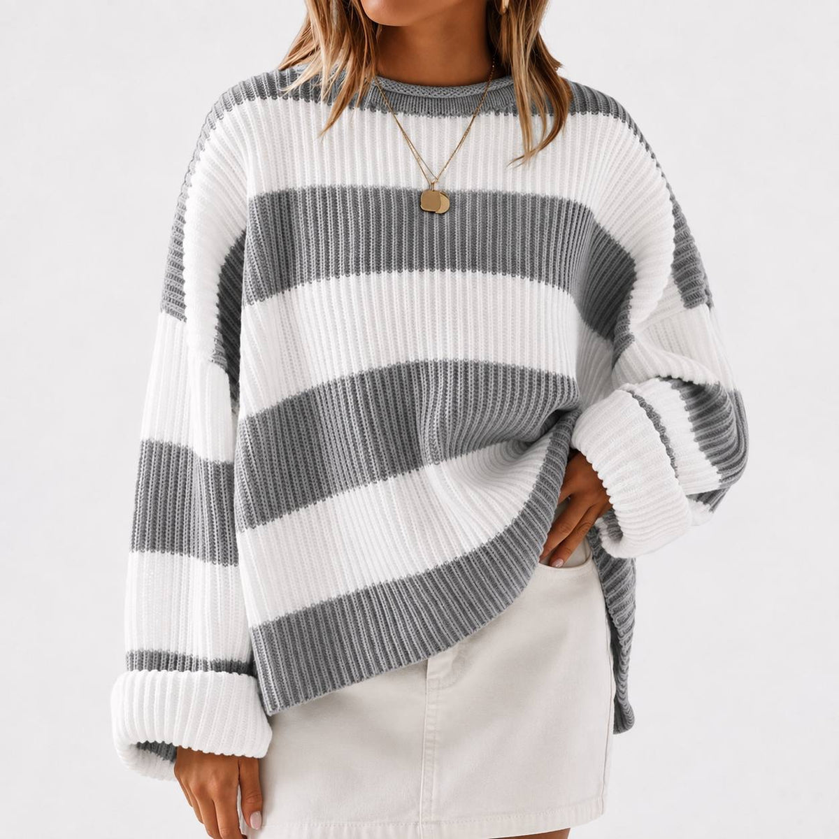 Oversized Striped Crewneck Sweater With Drop-Shoulder Long Sleeves – Grey And White Stripe
