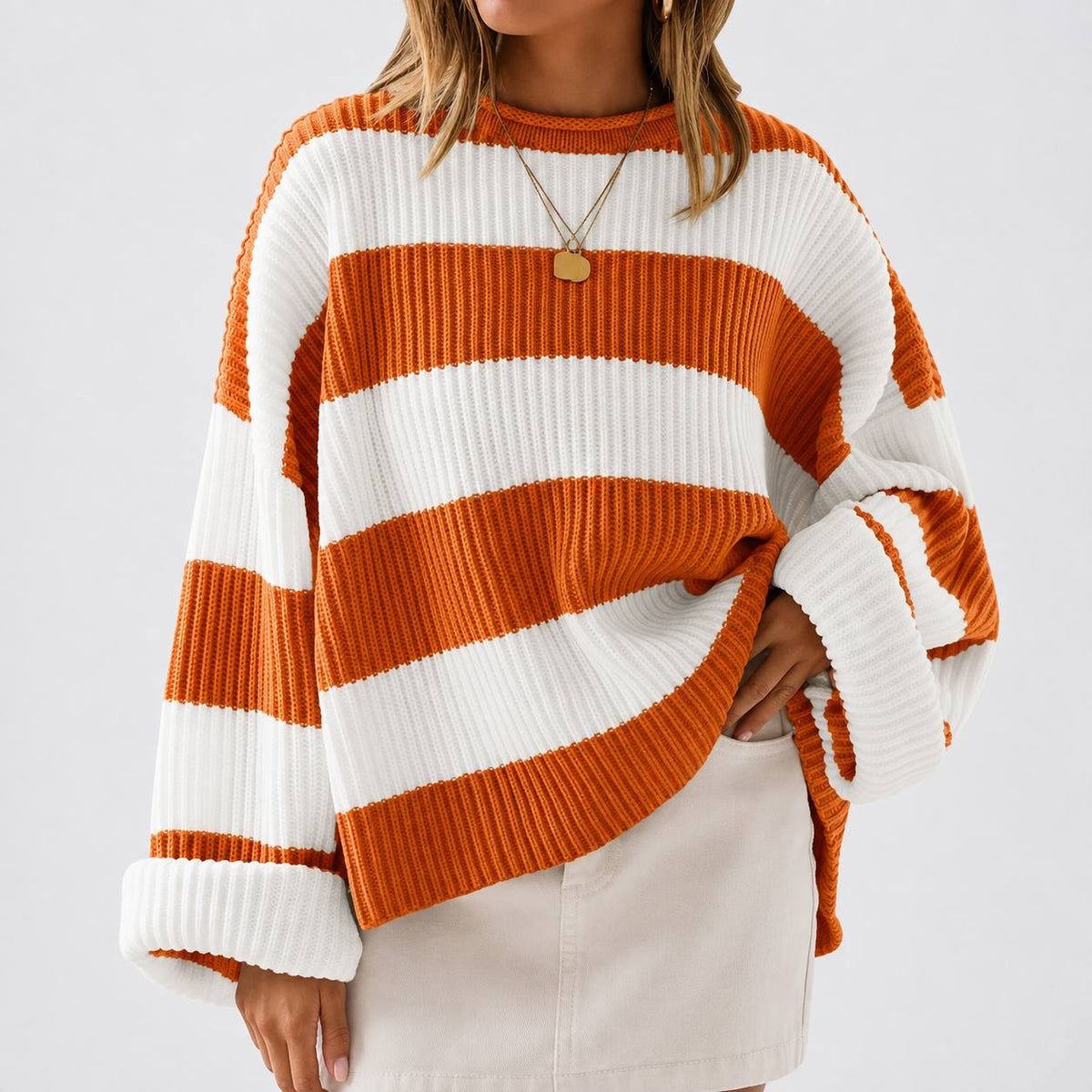 Oversized Striped Crewneck Sweater With Drop-Shoulder Long Sleeves – Orange And White Stripe