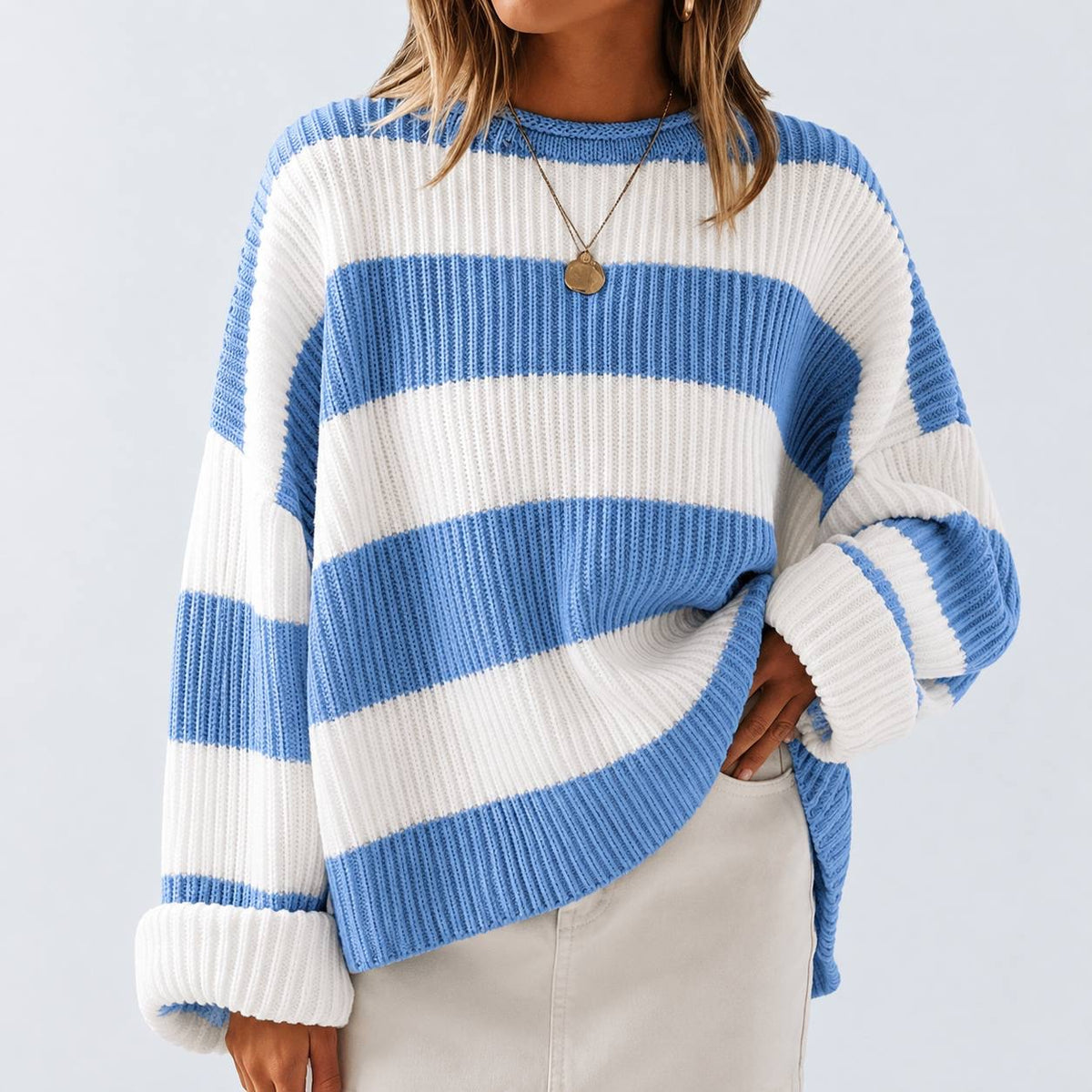 Oversized Striped Crewneck Sweater With Drop-Shoulder Long Sleeves – Light Blue And White Stripe