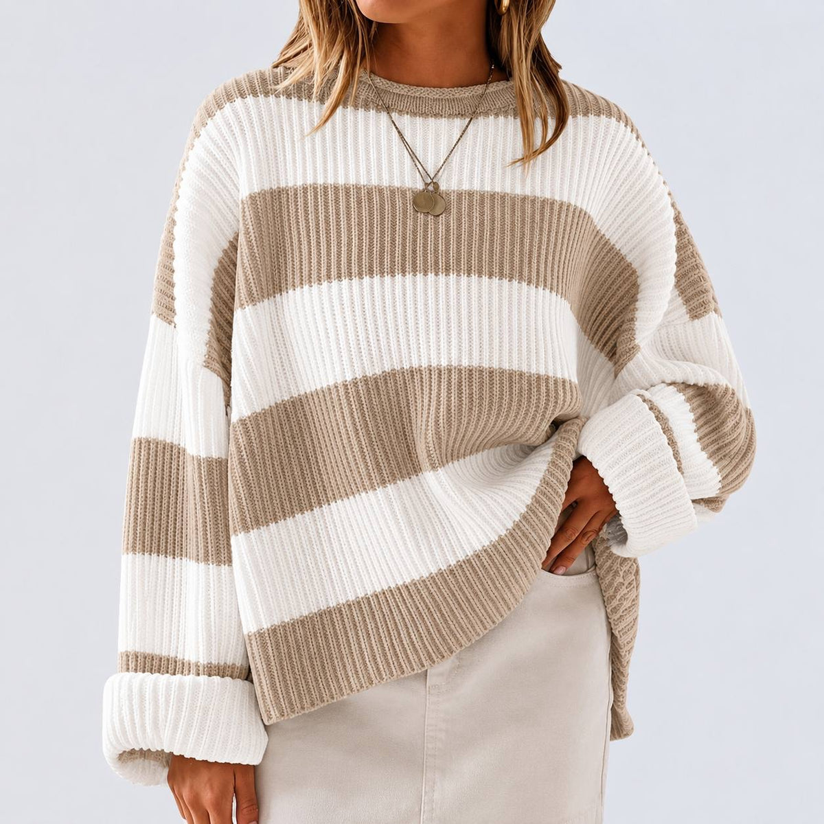 Oversized Striped Crewneck Sweater With Drop-Shoulder Long Sleeves – Beige And White Stripe