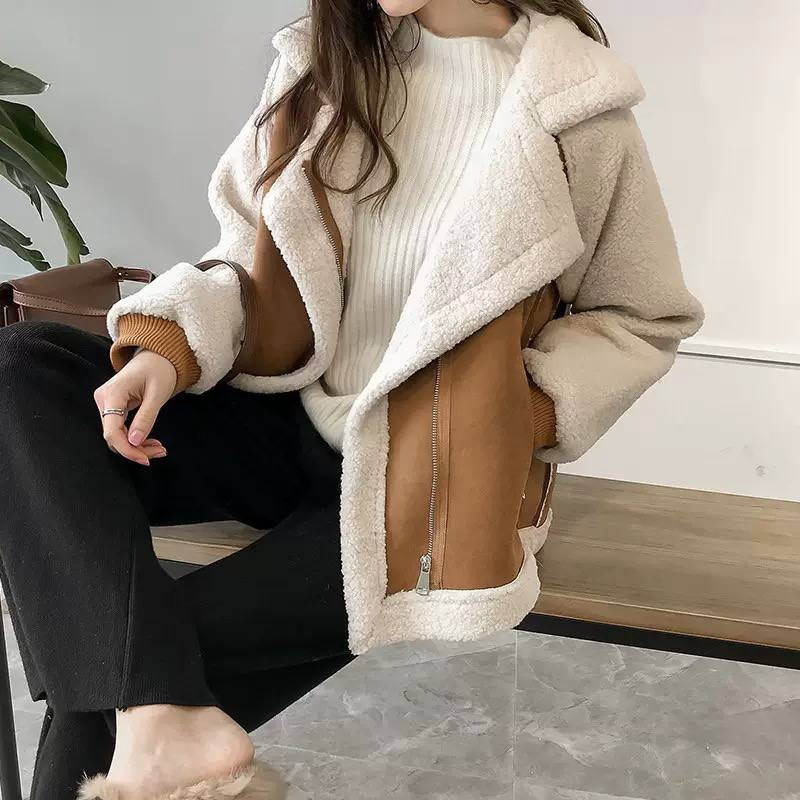 Relaxed Zip-Front Jacket With Wide Lapels And Textured Sleeves – Tan