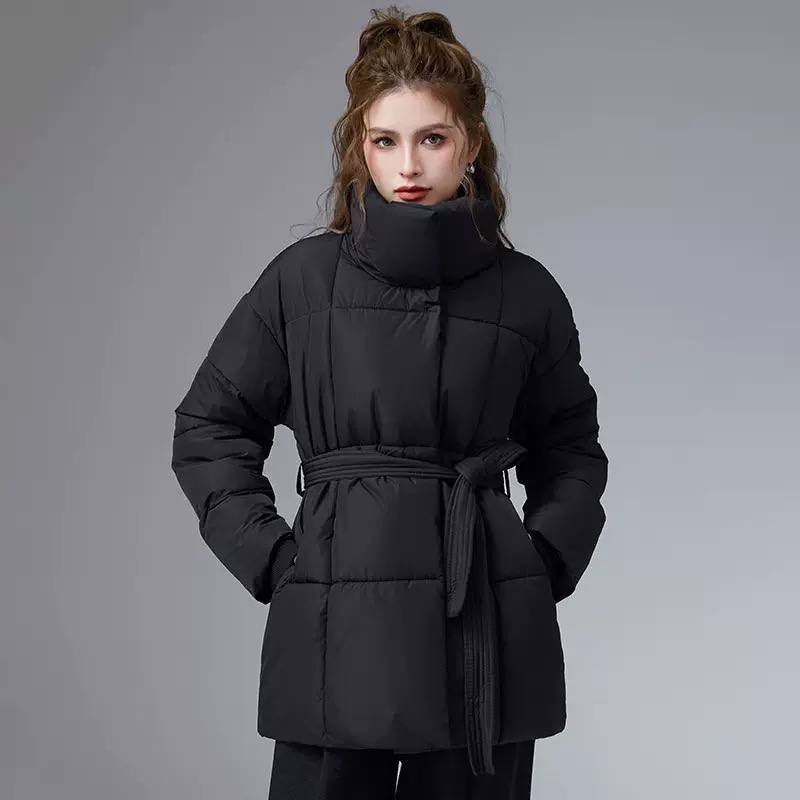 Belted Puffer Jacket With High Collar and Pockets – Black