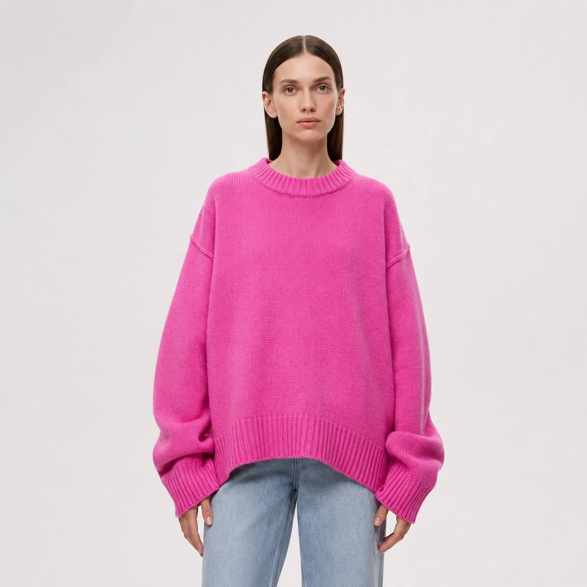 Oversized Crewneck Sweater With Dropped Shoulders and Ribbed Trim – Hot Pink