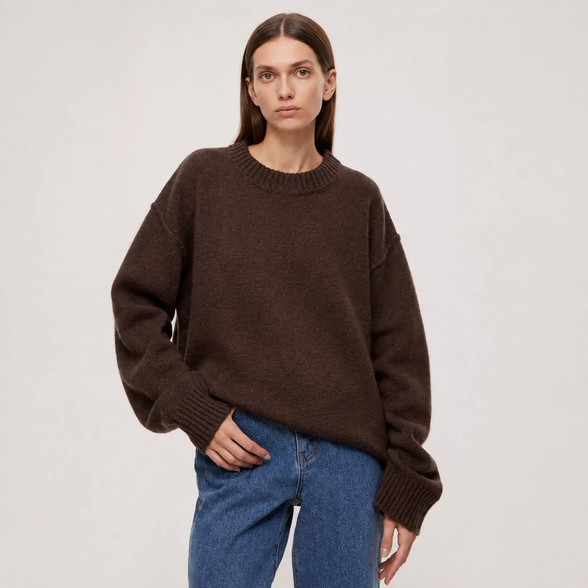 Oversized Crewneck Sweater With Dropped Shoulders and Ribbed Trim – Dark Brown