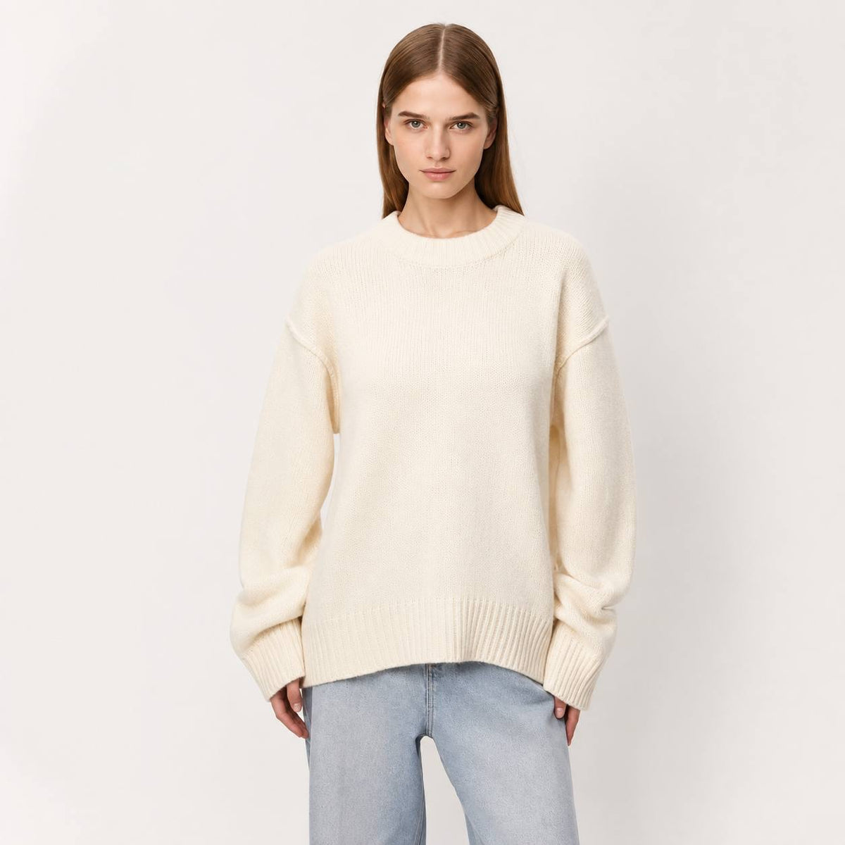 Oversized Crewneck Sweater With Dropped Shoulders and Ribbed Trim – Cream