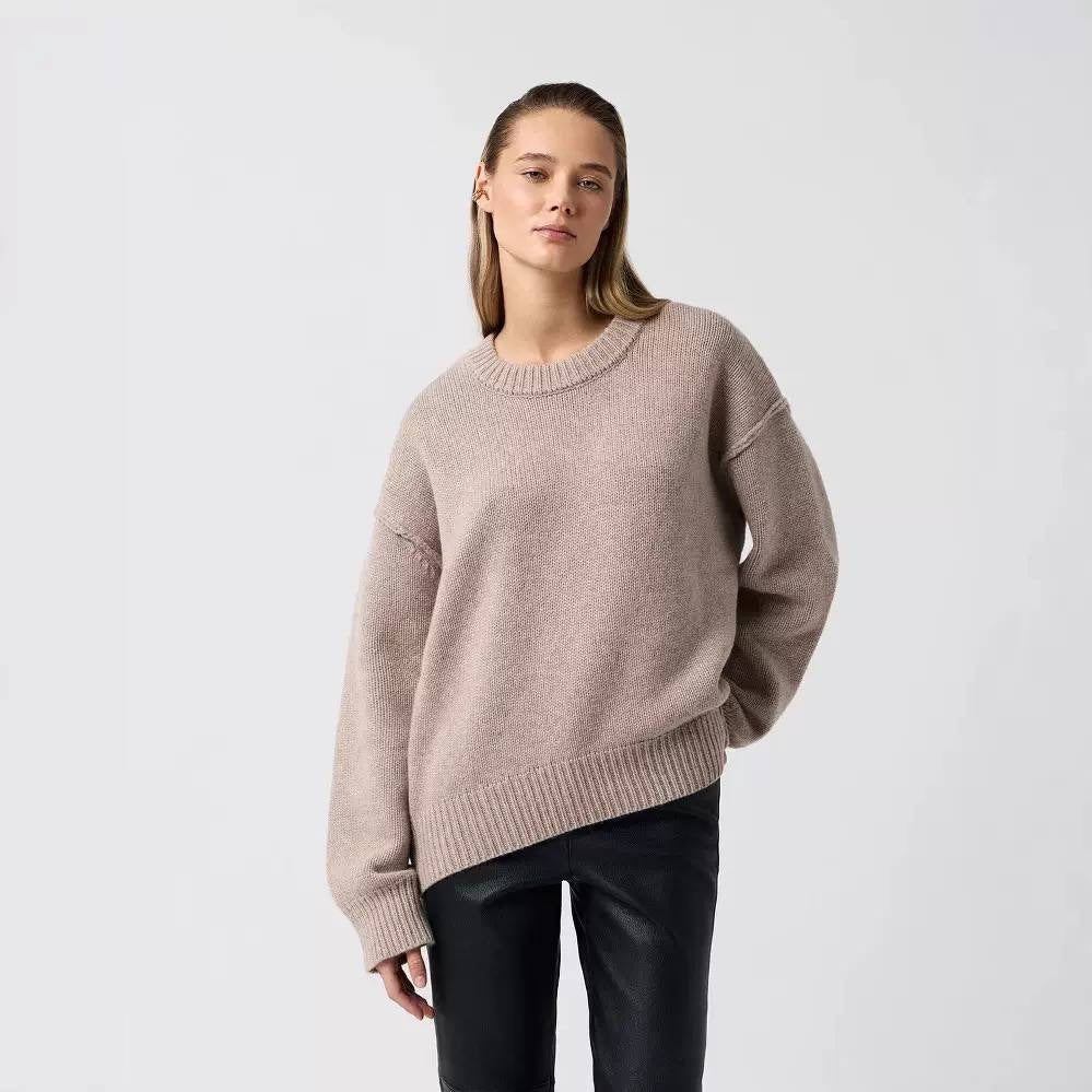 Oversized Crewneck Sweater With Dropped Shoulders and Ribbed Trim – Taupe