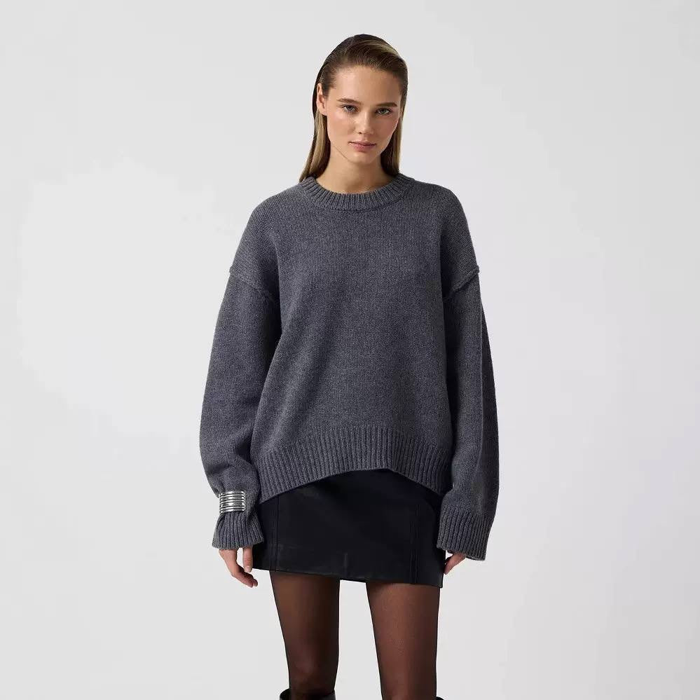 Oversized Crewneck Sweater With Dropped Shoulders and Ribbed Trim – Charcoal