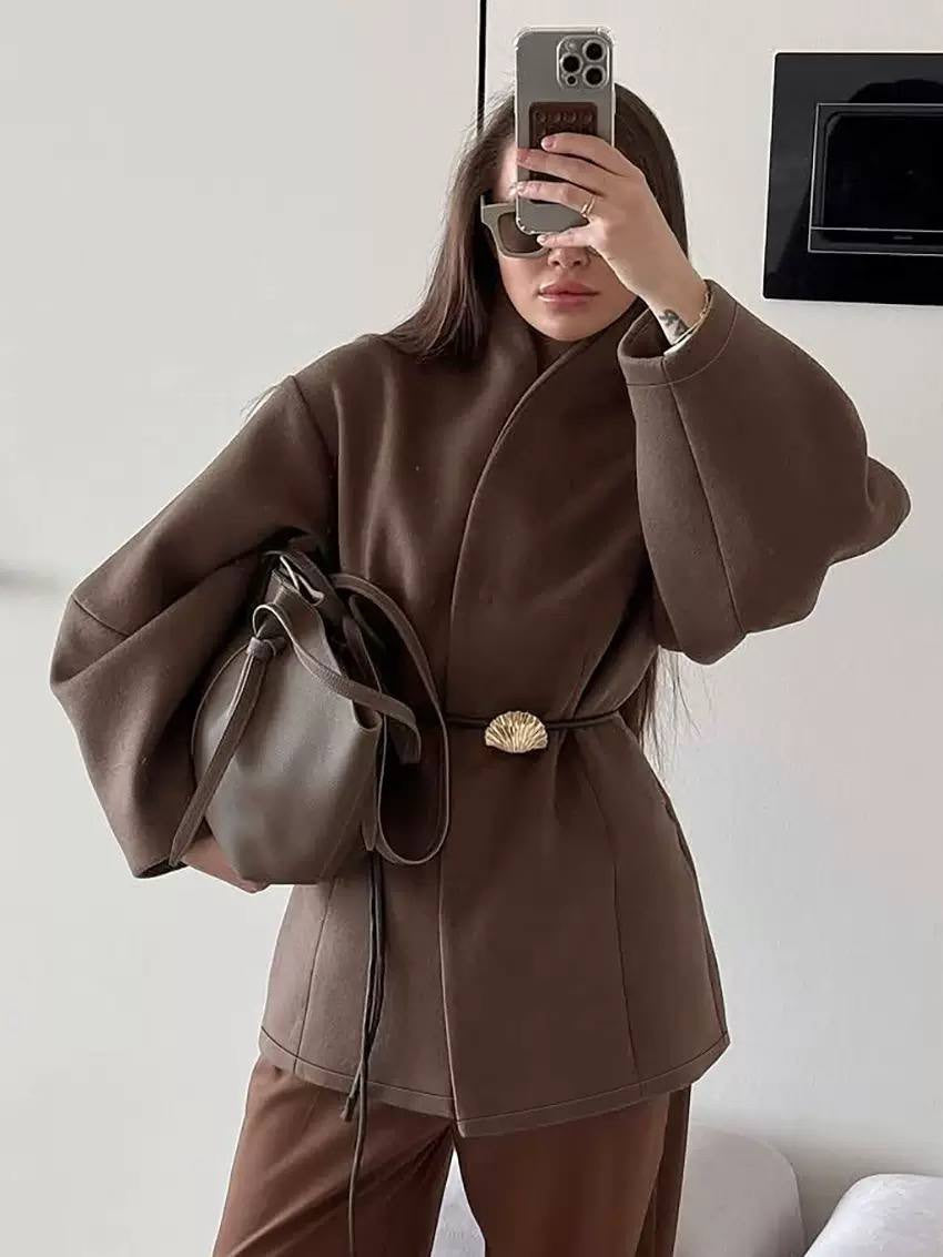 Belted Wrap Coat With Voluminous Long Sleeves – Brown