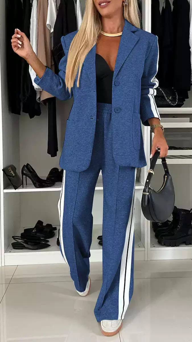 Contrast Stripe Blazer and Wide Leg Pants Set – Blue
