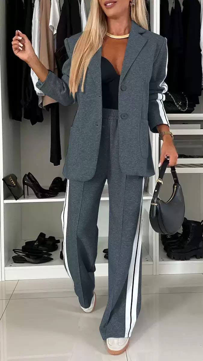 Contrast Stripe Blazer and Wide Leg Pants Set – Dark Grey