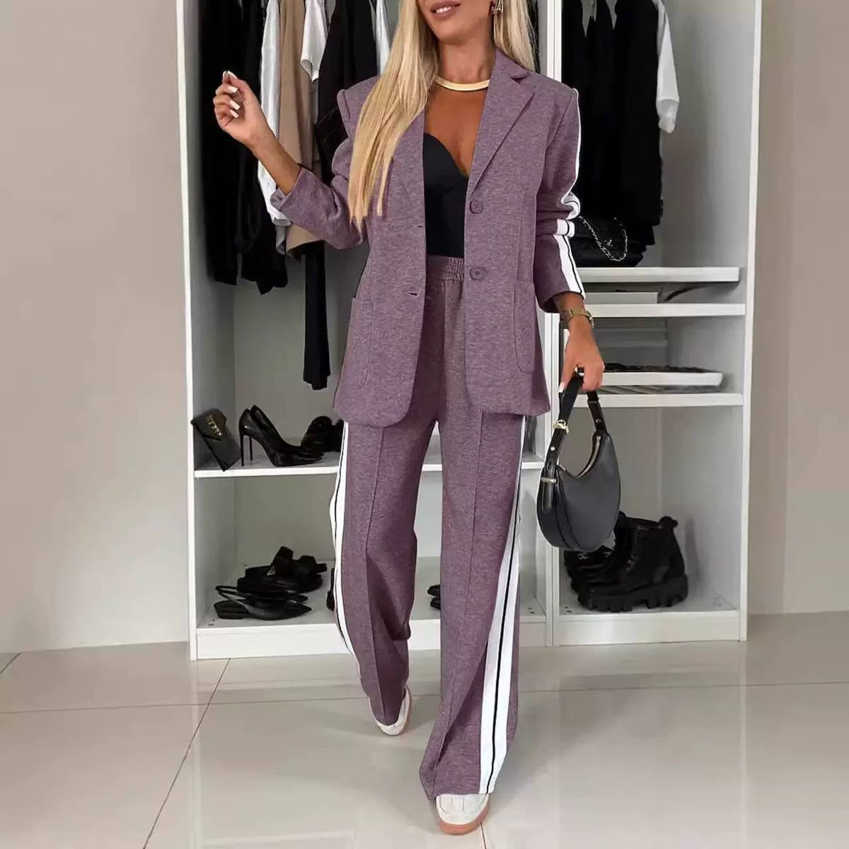 Contrast Stripe Blazer and Wide Leg Pants Set – Purple
