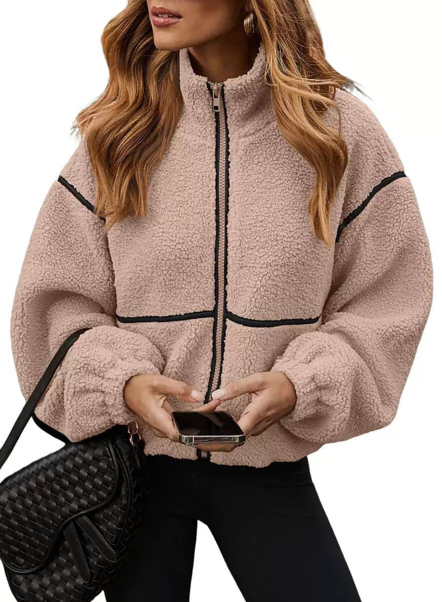 Textured Zip-Front Jacket With Stand Collar and Contrast Trim – Beige