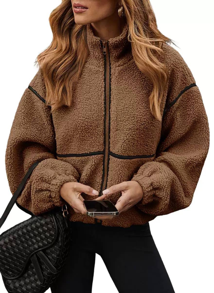 Textured Zip-Front Jacket With Stand Collar and Contrast Trim – Brown