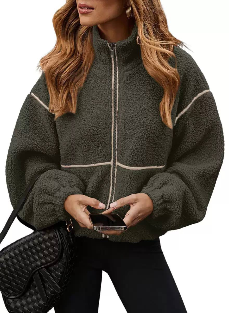 Textured Zip-Front Jacket With Stand Collar and Contrast Trim – Dark Green