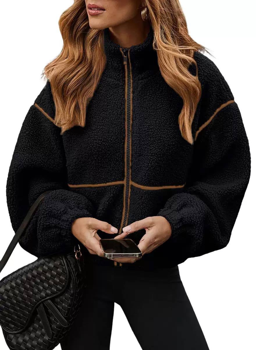 Textured Zip-Front Jacket With Stand Collar and Contrast Trim – Black