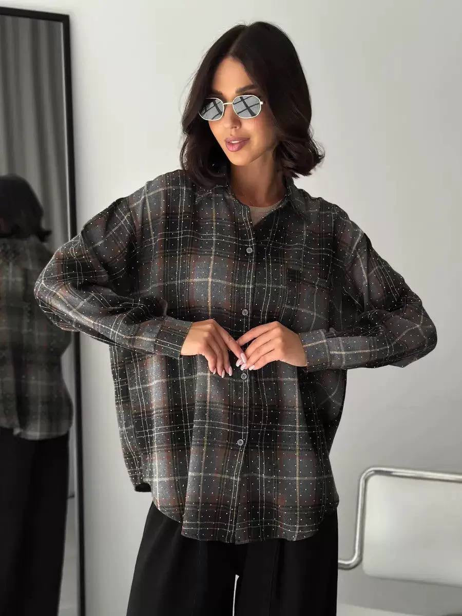 Oversized Plaid Button-Front Shirt With Chest Pockets – Black Plaid