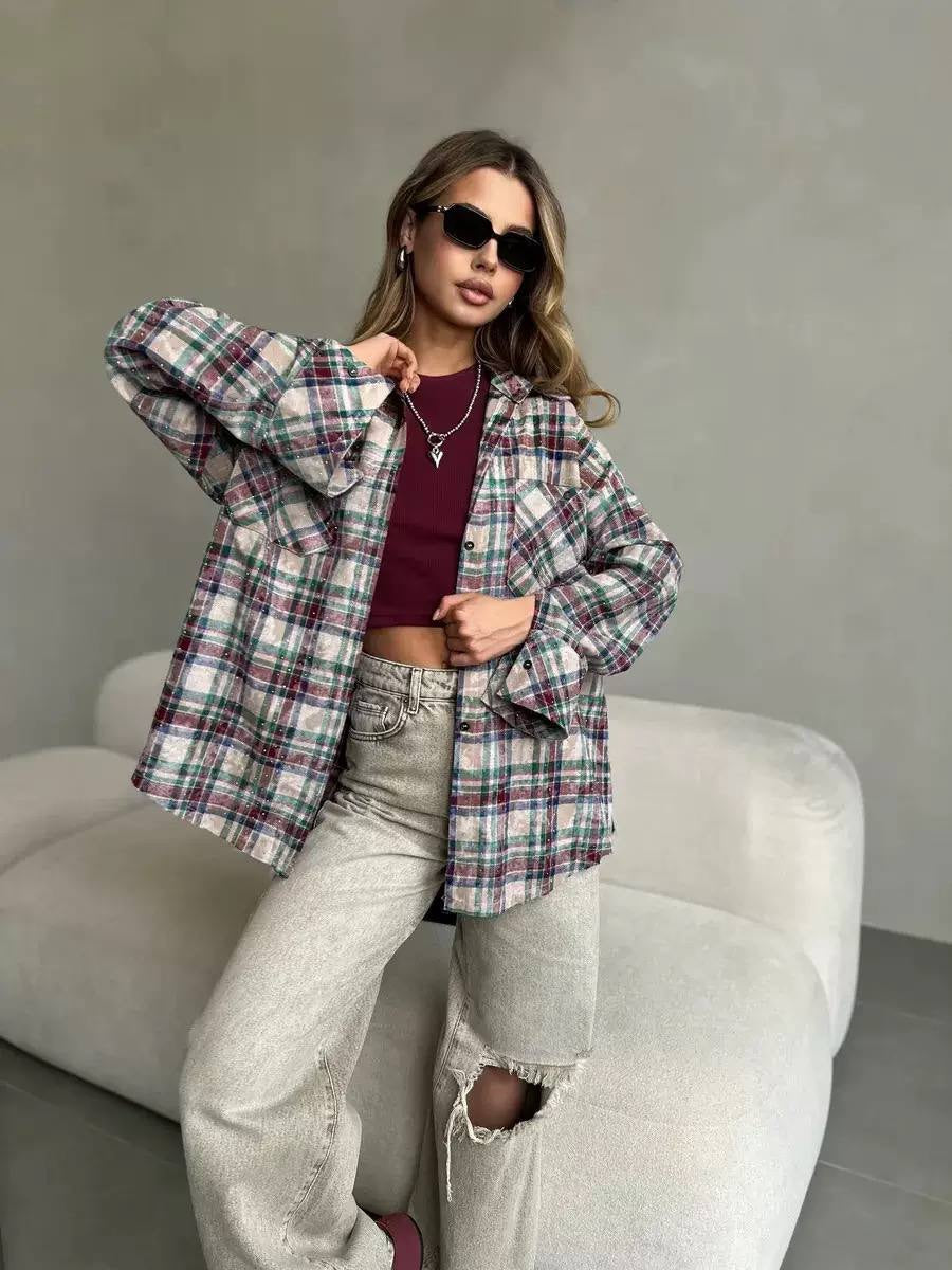 Oversized Plaid Button-Front Shirt With Chest Pockets – Green Plaid