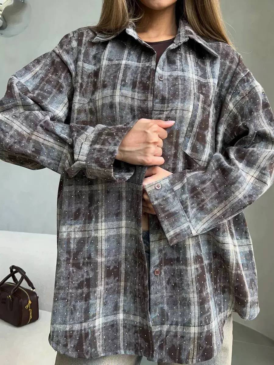 Oversized Plaid Button-Front Shirt With Chest Pockets – Charcoal Plaid