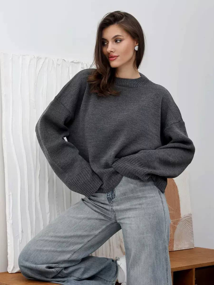 Relaxed Crewneck Sweater With Dropped Shoulders and Ribbed Cuffs – Charcoal Grey