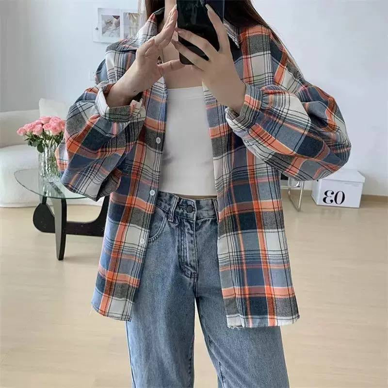 Oversized Plaid Button-Front Shirt With Balloon Sleeves – Blue And Orange Plaid