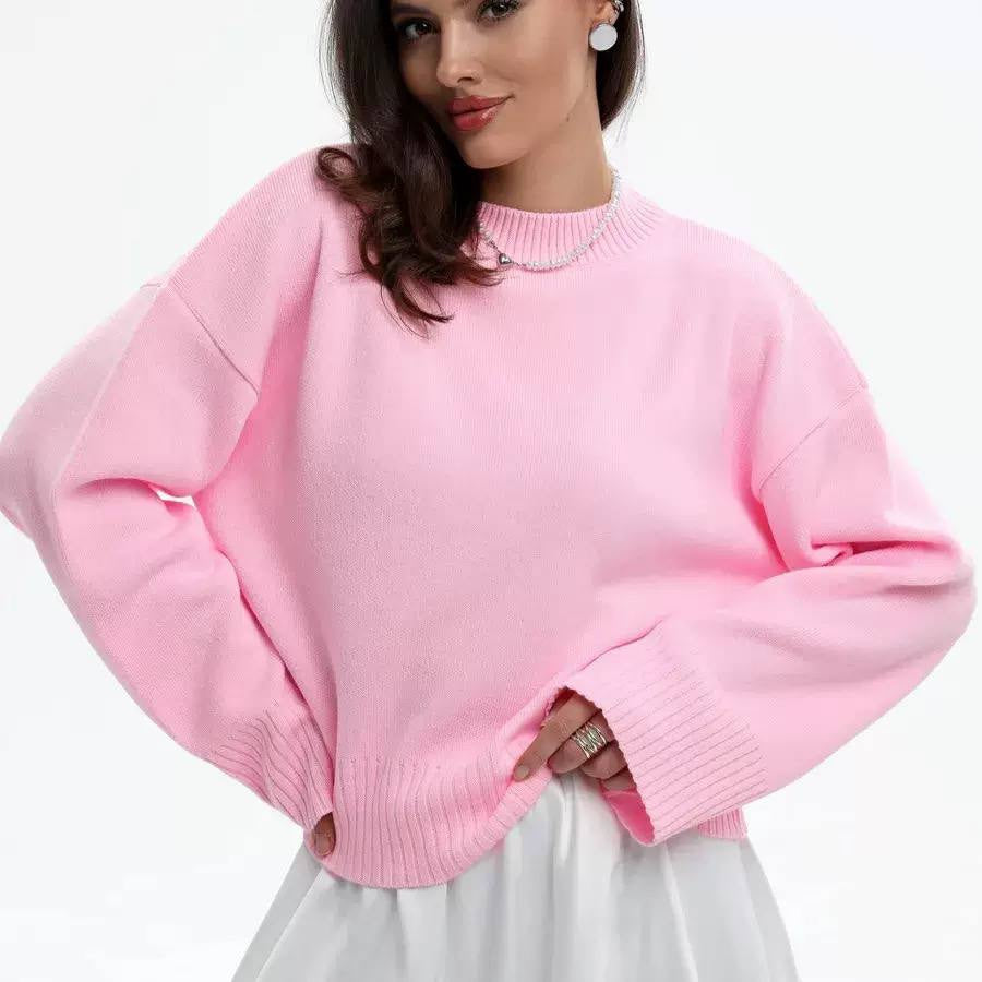 Relaxed Crewneck Sweater With Dropped Shoulders and Ribbed Cuffs – Pink