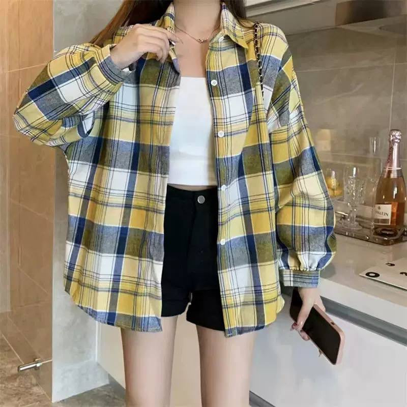 Oversized Plaid Button-Front Shirt With Balloon Sleeves – Yellow And Blue Plaid