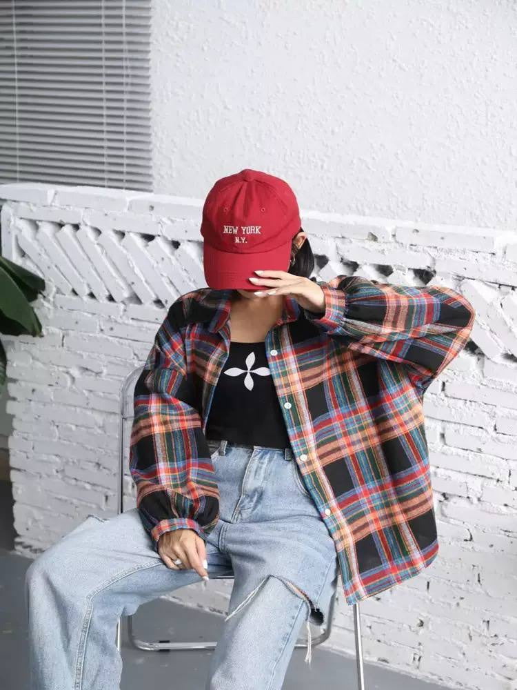 Oversized Plaid Button-Front Shirt With Balloon Sleeves – Black Multicolour Plaid