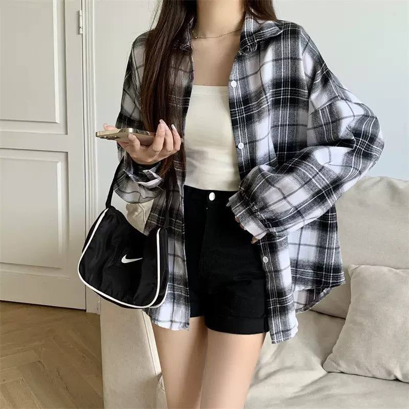 Oversized Plaid Button-Front Shirt With Balloon Sleeves – Black And White Plaid