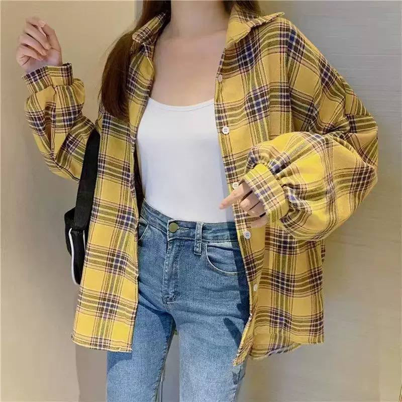 Oversized Plaid Button-Front Shirt With Balloon Sleeves – Yellow Plaid