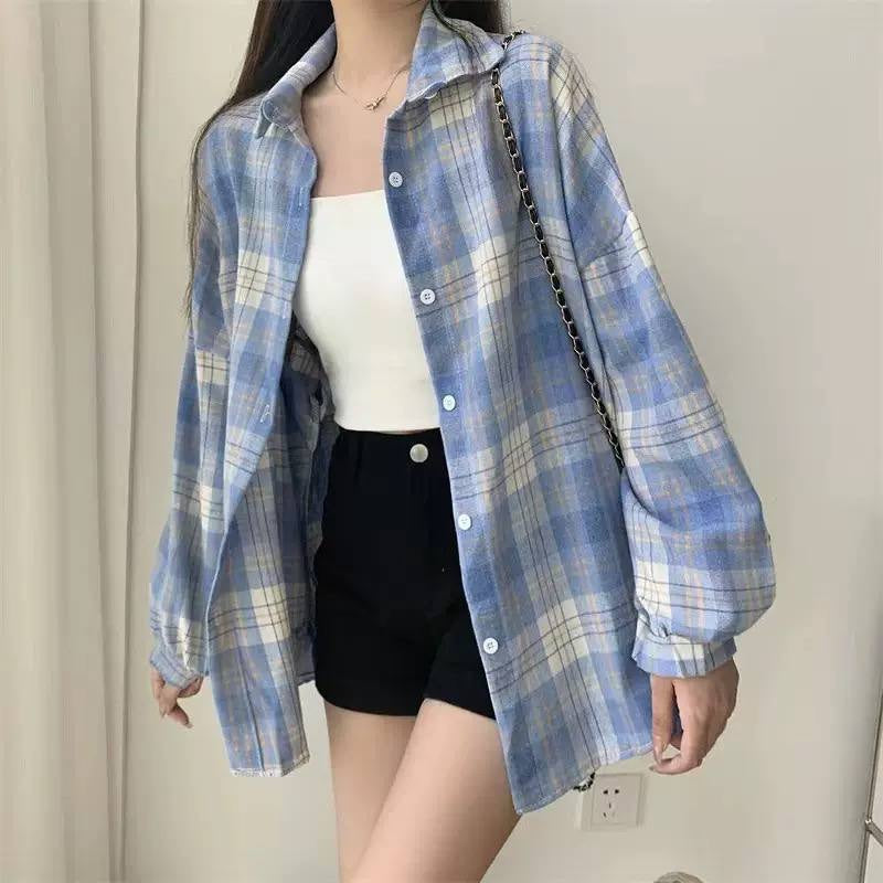 Oversized Plaid Button-Front Shirt With Balloon Sleeves – Light Blue Plaid