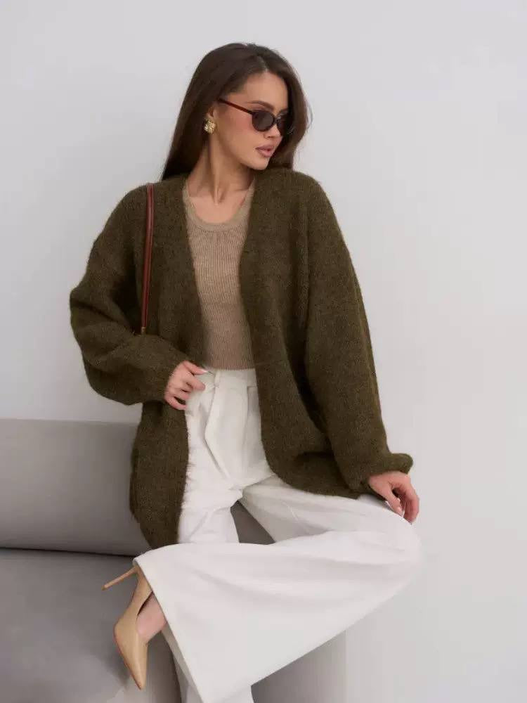 Oversized Open-Front Knit Cardigan With Balloon Sleeves – Olive