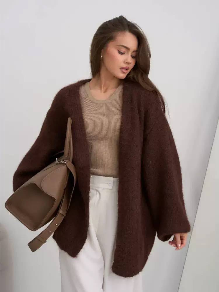 Oversized Open-Front Knit Cardigan With Balloon Sleeves – Brown