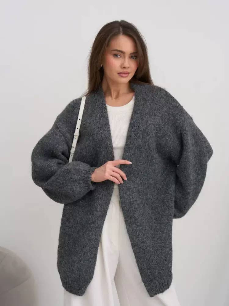 Oversized Open-Front Knit Cardigan With Balloon Sleeves – Dark Grey