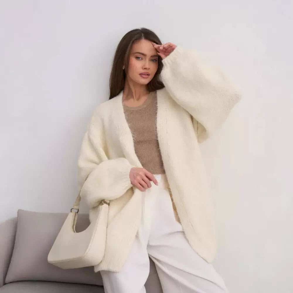 Oversized Open-Front Knit Cardigan With Balloon Sleeves – Cream