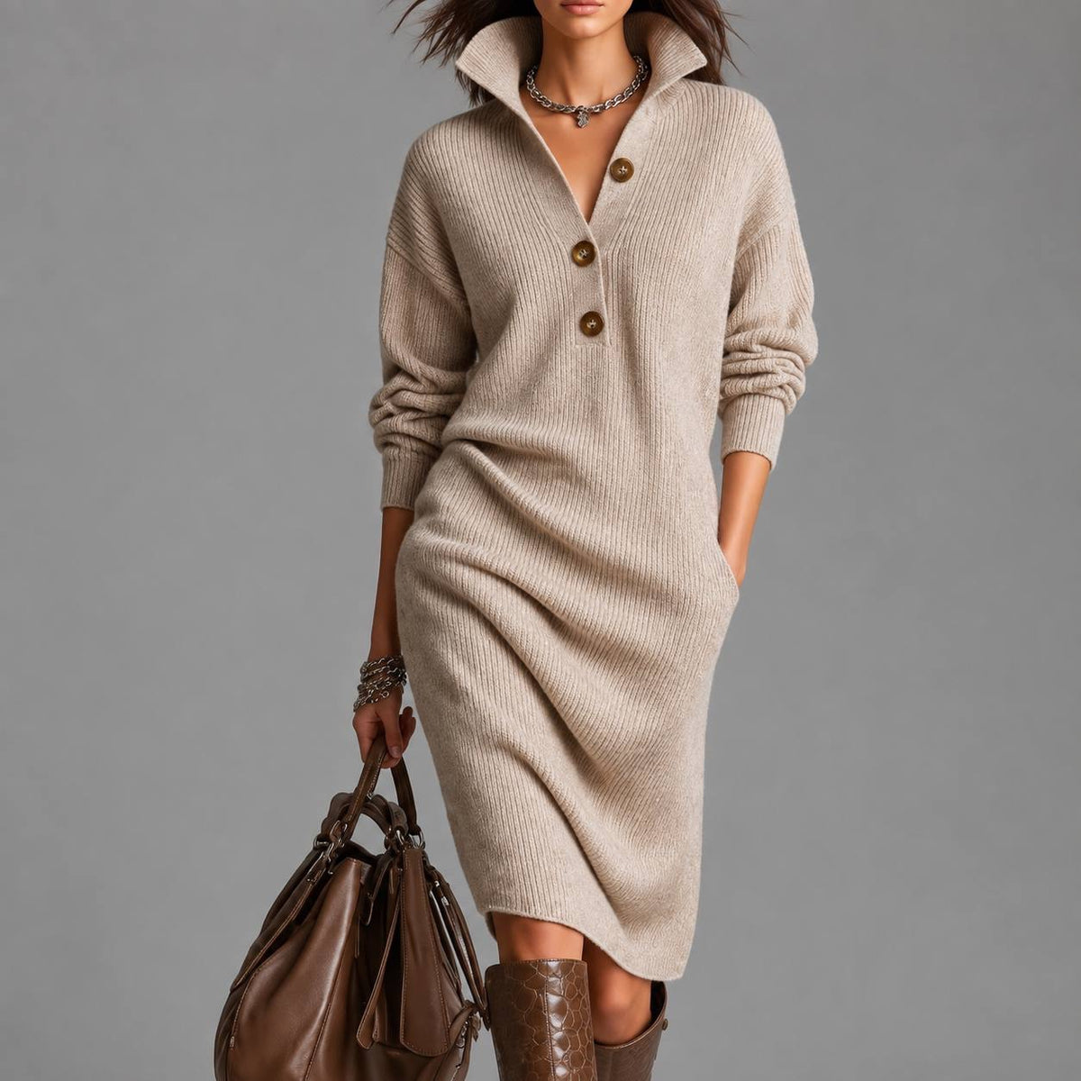 Relaxed Collared Sweater Dress With Three-Button Neckline – Beige