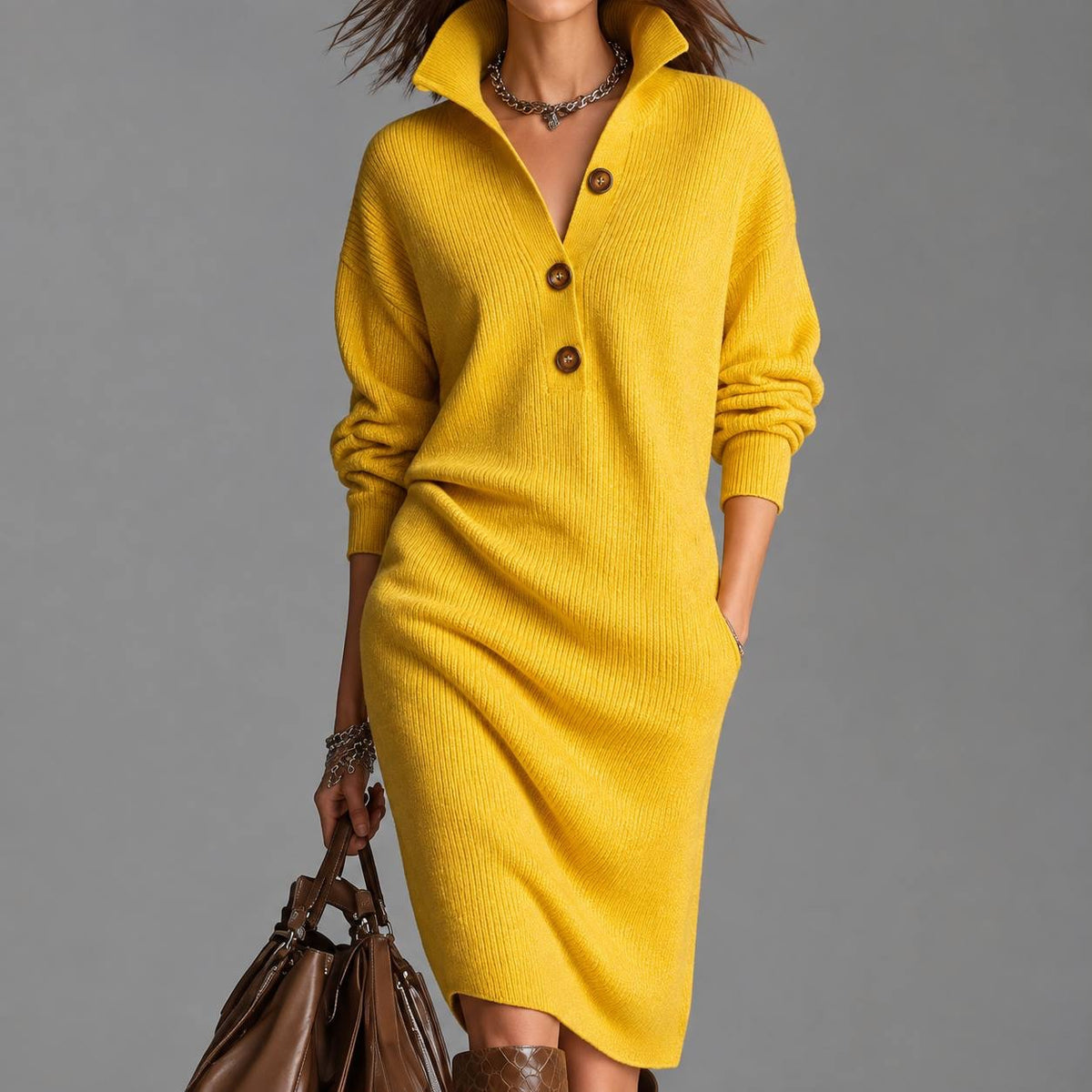 Relaxed Collared Sweater Dress With Three-Button Neckline – Yellow