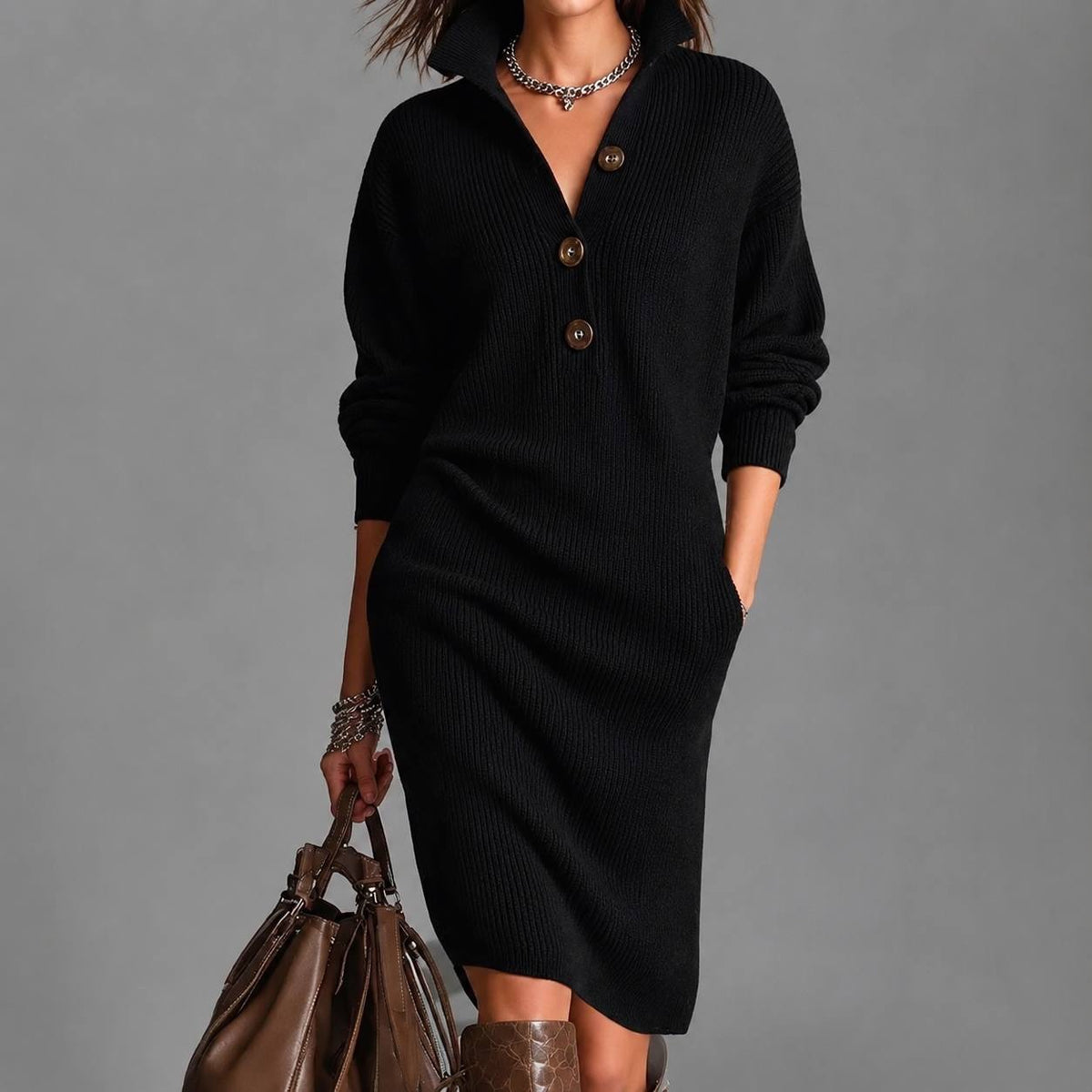 Relaxed Collared Sweater Dress With Three-Button Neckline – Black
