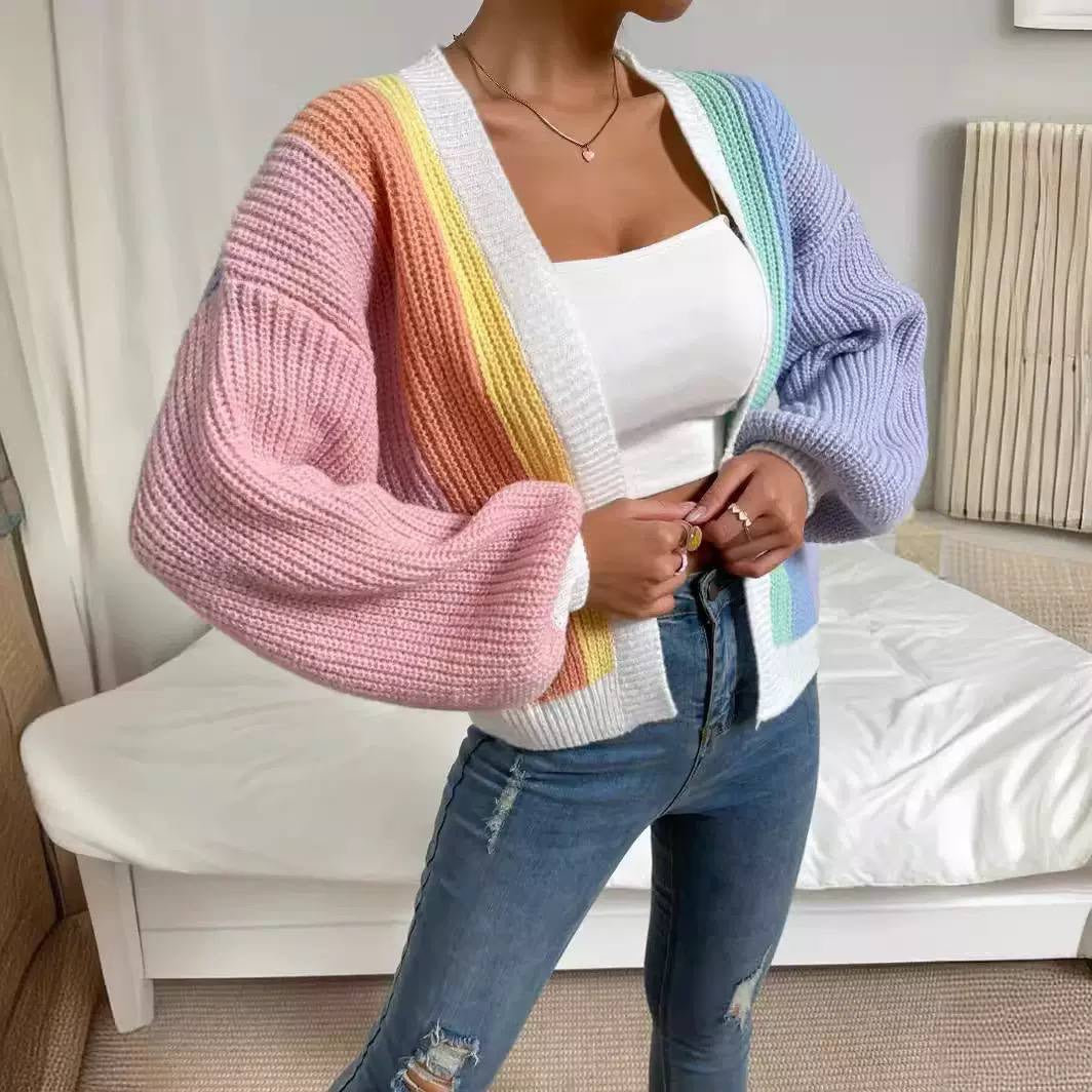 Color Block Open-Front Cardigan With Balloon Sleeves – Pastel Multicolour