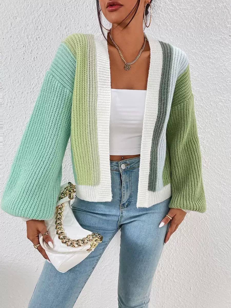 Color Block Open-Front Cardigan With Balloon Sleeves – Green Colour Block