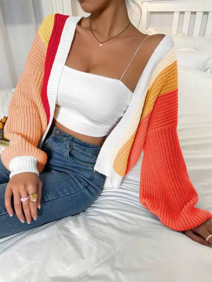 Color Block Open-Front Cardigan With Balloon Sleeves – Orange Colour Block