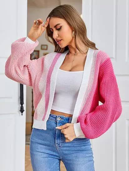 Color Block Open-Front Cardigan With Balloon Sleeves – Pink Colour Block