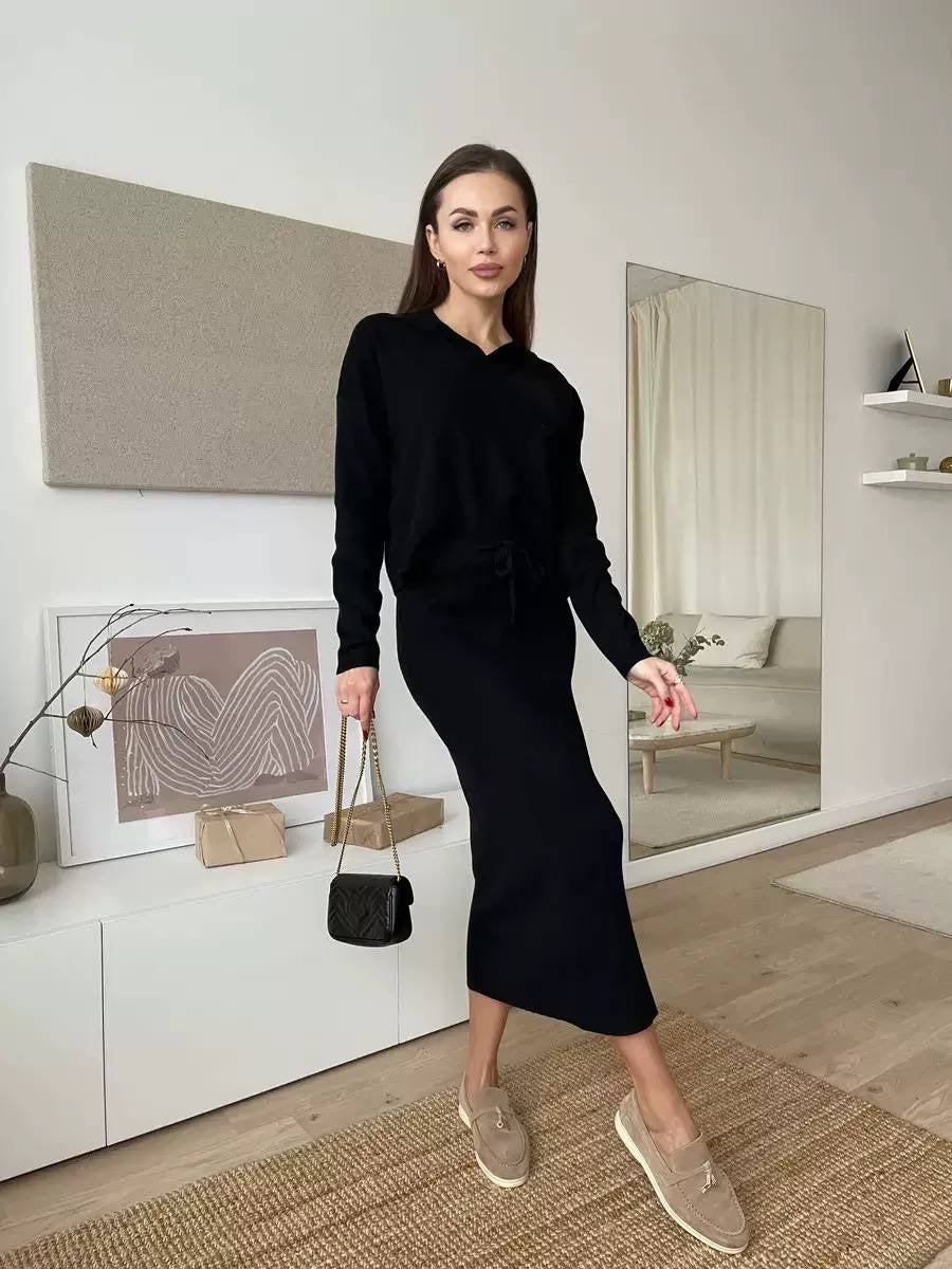 Collared Long Sleeve Sweater and Tie-Waist Midi Skirt Set – Black