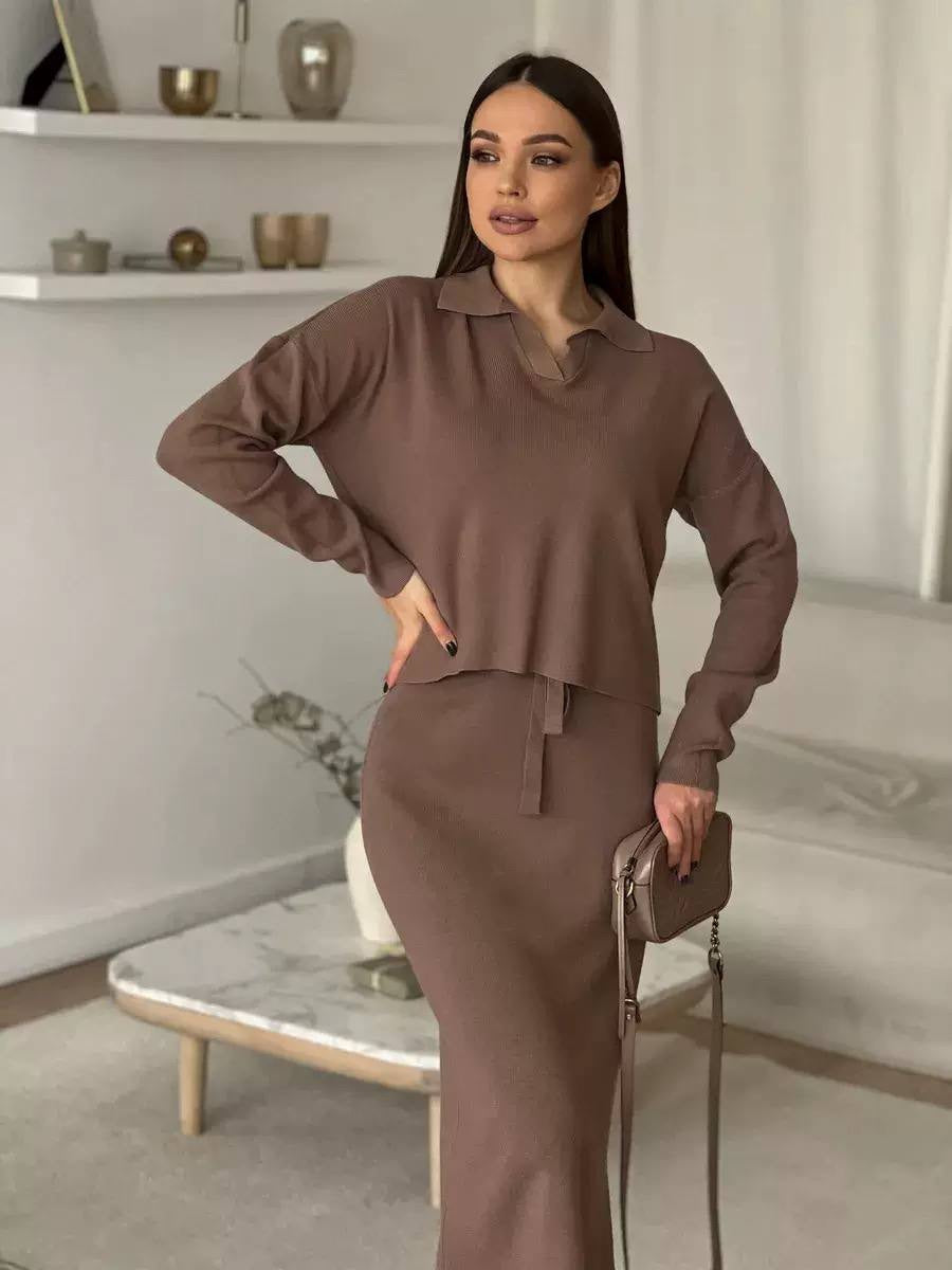 Collared Long Sleeve Sweater and Tie-Waist Midi Skirt Set – Brown