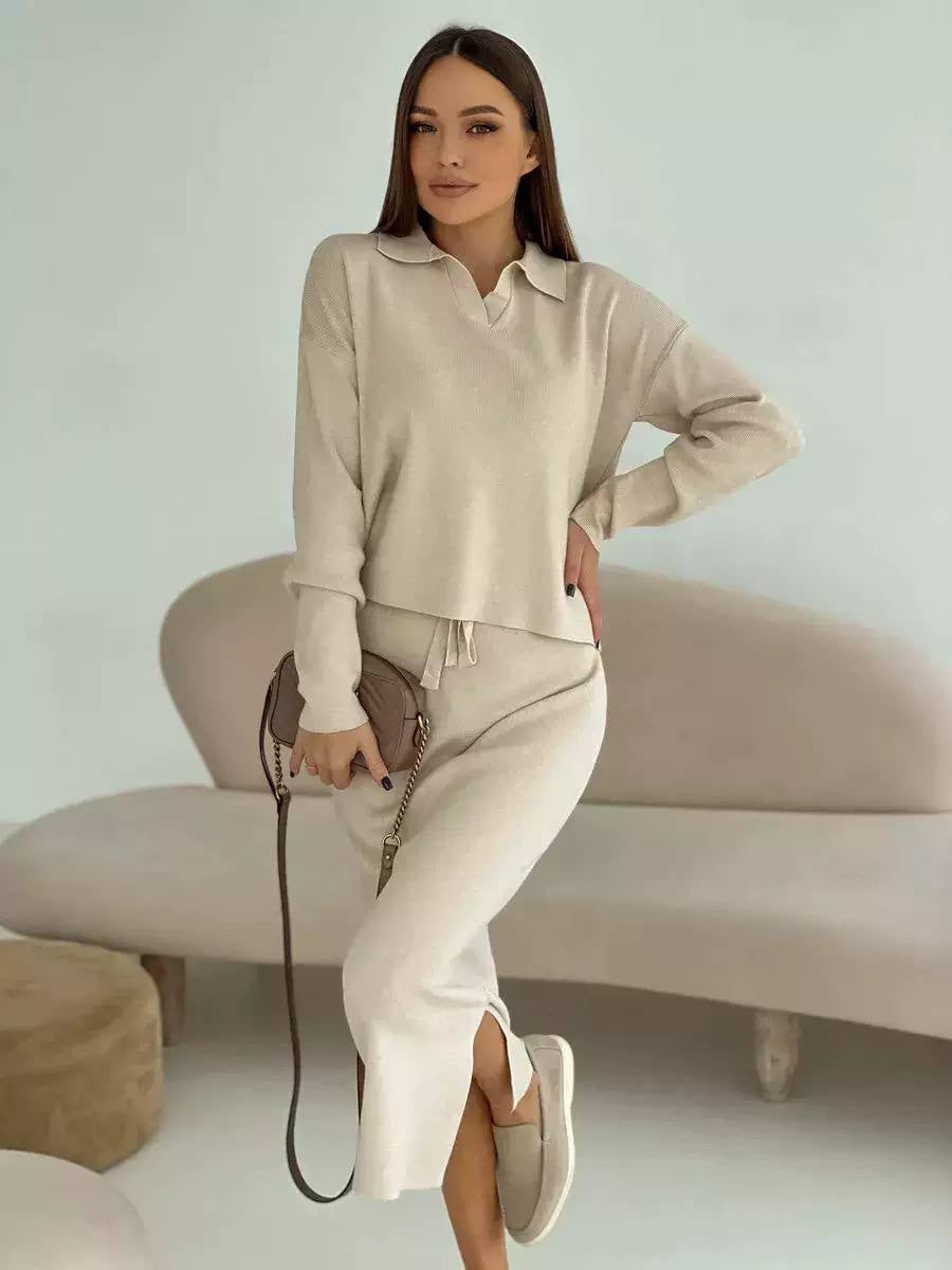 Collared Long Sleeve Sweater and Tie-Waist Midi Skirt Set – Cream